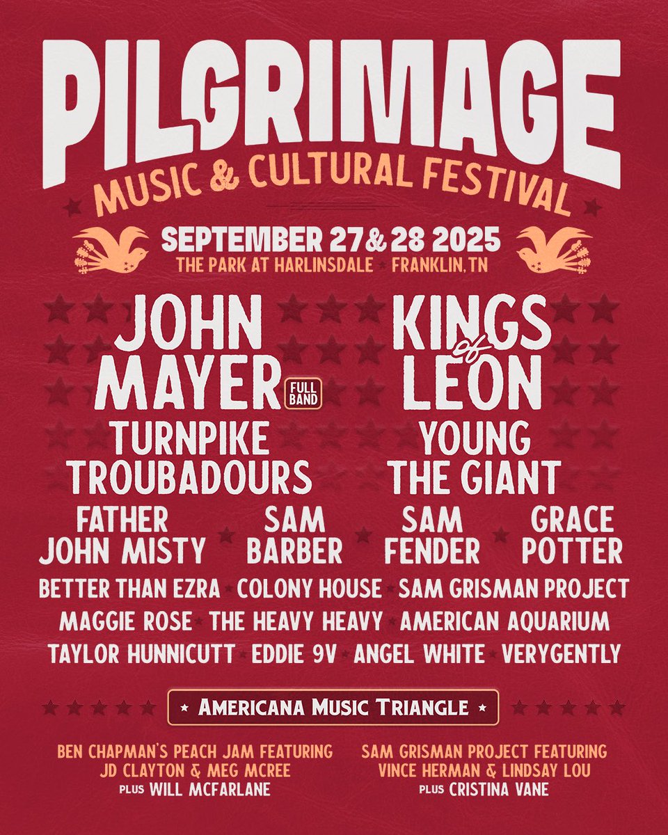 🔥🔥 2025 lineup is here! 🔥🔥 Tickets go on sale tomorrow at 10am! …lgrimagefestival.frontgatetickets.com @GibsonGuitar, <a href="/JohnMayer/">John Mayer</a>, @KingsofLeon, <a href="/TpTroubadours/">Turnpike Troubadours</a>, @YoungTheGiant, @FatherJohnMisty, #SamBarber