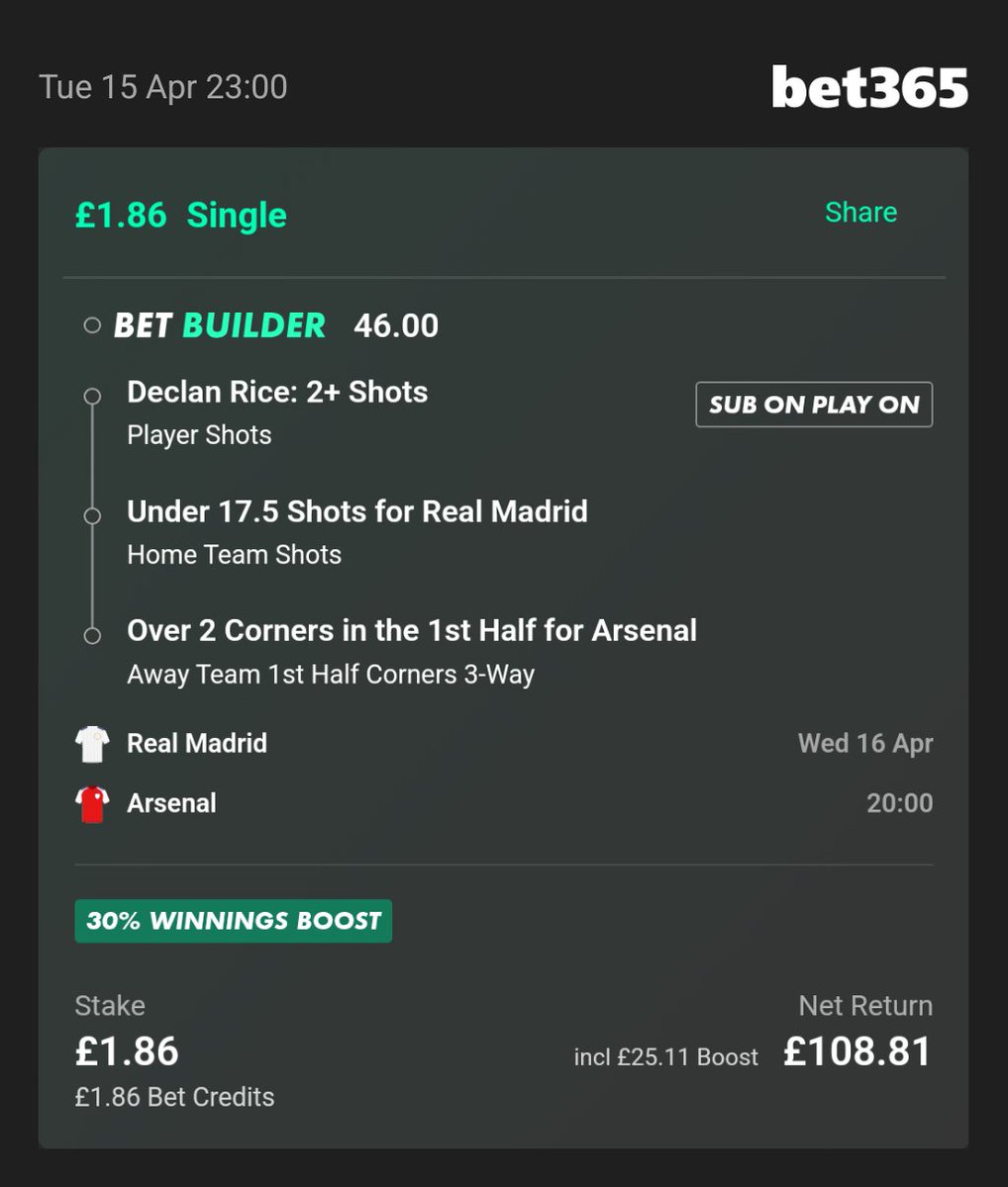 🚨45/1 SHRAPNEL SINGLE Bet Builder🚨

I love tonights Real Madrid v Arsenal bet so much I've decided to do a bigger version, using Bet365's 30% winning boost and using the excess shrapnel in my account...

Rice to take 2 shots.
Madrid to have under 18 shots.
Arsenal to get 3 or