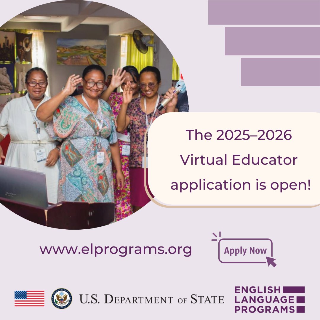 The 2025-2026 Virtual English Language Educator Application is open! Don't miss this opportunity — elprograms.org apply today! 
#ELVirtualEducator #ExchangeOurWorld