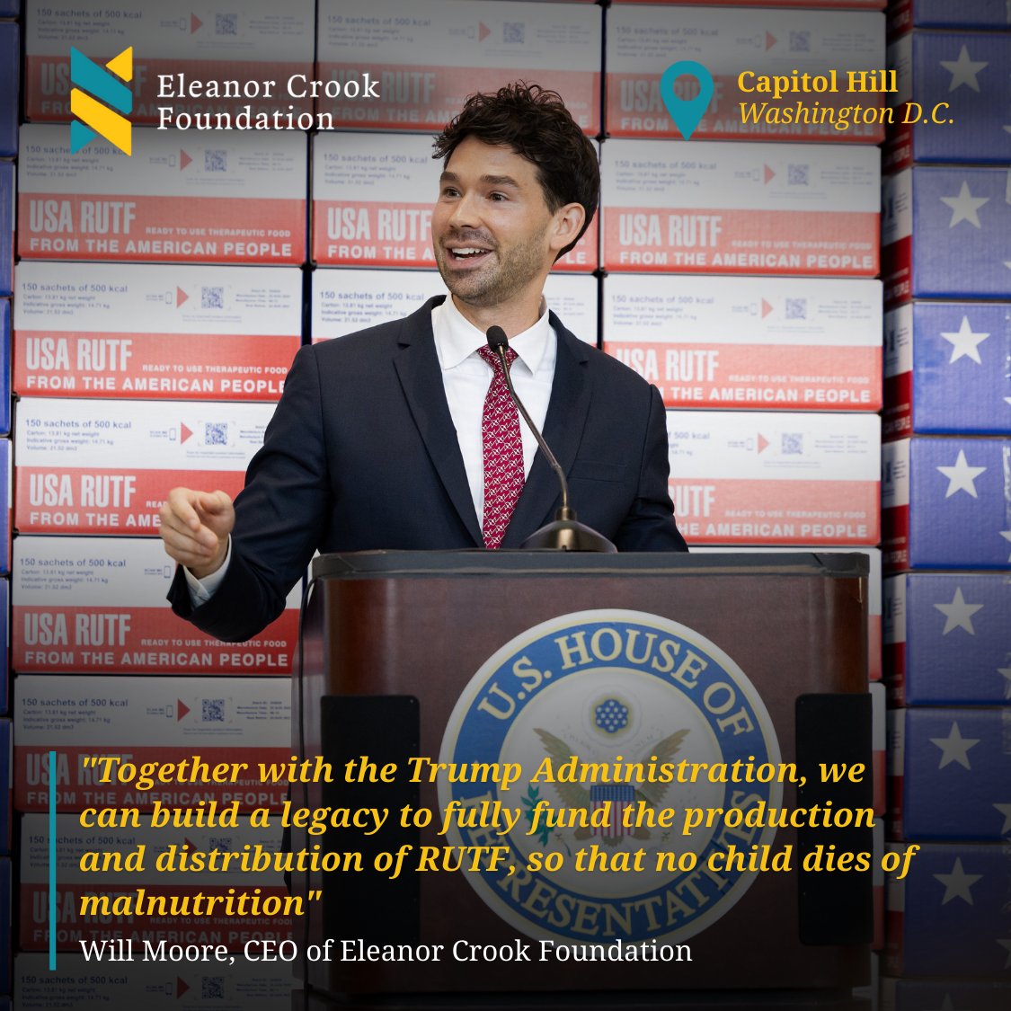 “Together with the Trump Administration, we can build a legacy to fully fund the production and distribution of RUTF, so that no child dies of malnutrition”
- Will Moore, CEO of ECF on Capitol Hill last week at our #AmericanMade event highlighting the American farmers, producers