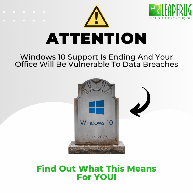 leapfrogtech's tweet photo. ⏰ Windows 10 support ends Oct 14, 2025!  No more security updates. No tech support. Your apps = vulnerable.    Protect your biz before it's too late. Here's what to do 👉  🔗 https://t.co/2FxfsO52c6    #Windows10 #CyberSecurity #ITSupport https://t.co/TpXzd7DUD4