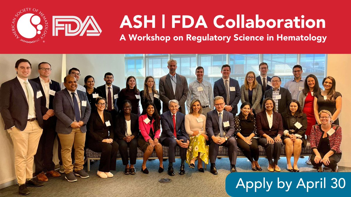 ⏳ Applications Closing Soon! Join the ASH and <a href="/US_FDA/">U.S. FDA</a> workshop on regulatory science in #hematology! Learn about FDA’s role, IND process, and more.  

Apply today: ow.ly/XoiC50VAS18 

#hemeonc