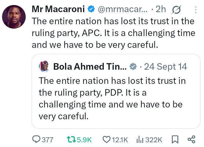 SylvesterXVI's tweet image. If celebrities and top influencers can be as outspoken as Mr Macaroni, Nigeria would have been a better place