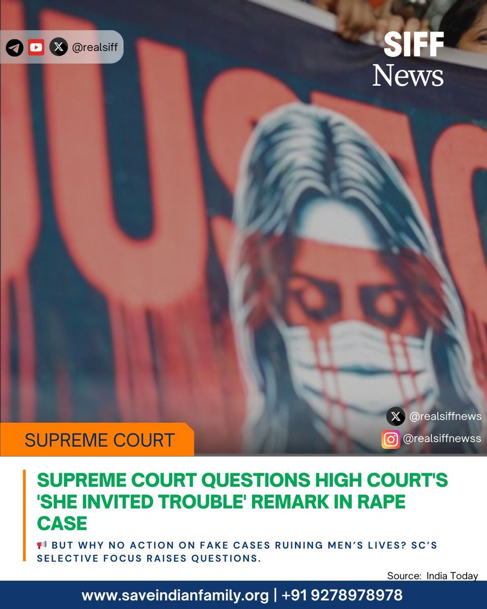 realsiffnews's tweet image. #SIFFNews | Supreme Court questions High Court&apos;s &apos;she invited trouble&apos; remark in rape case

Yet, SC remains silent on rising false cases &amp;amp; judicial atrocities against men &amp;amp; families under biased laws.

#MenToo #LawReform

Source: tinyurl.com/52z3fw4d