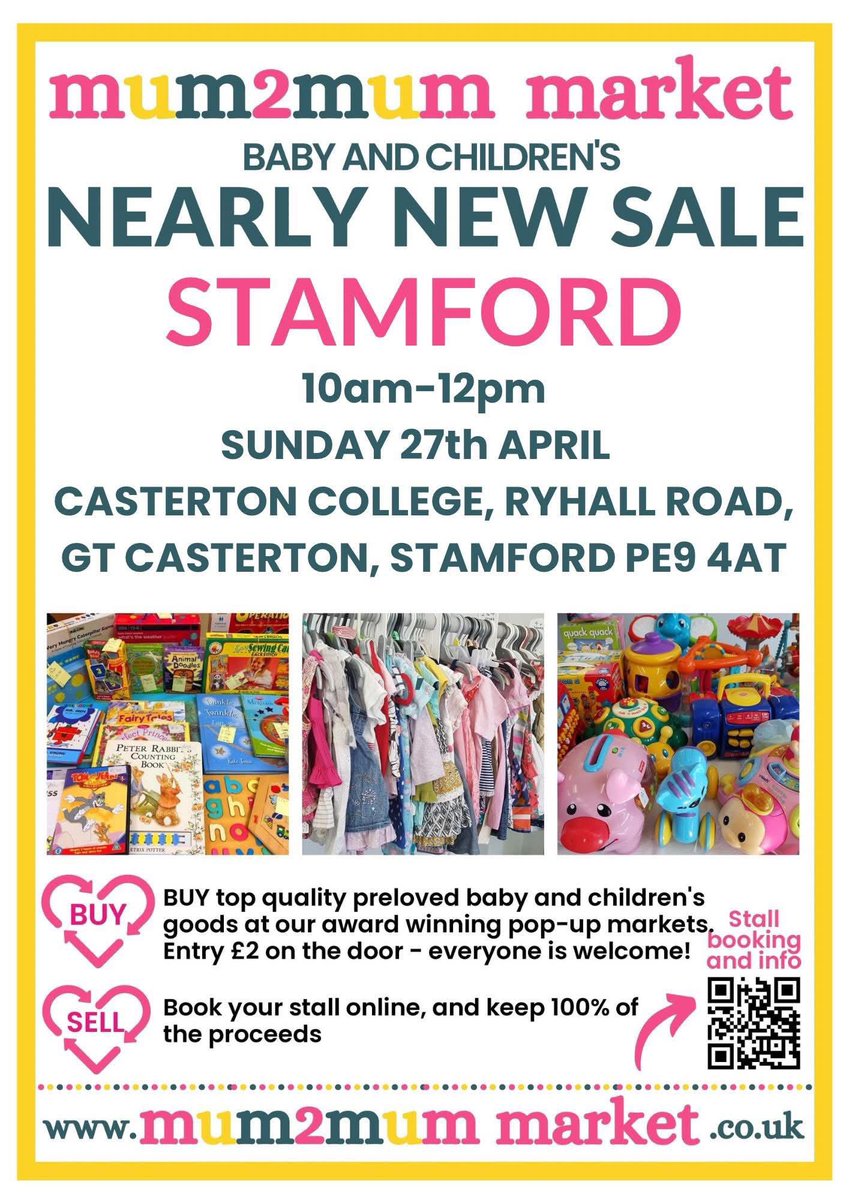 #STAMFORD 
#Lincolnshire
#Lincsblogger 

SaveTheDate !!    27th April 

MUM2MUM BABY &amp; CHILDRENS NEARLY NEW SALE🍼

35 STALLS - Selling excellent condition baby and children’s goods at bargain prices. 

£2 entry per adult (kids are free).
This is a cash only event.

Please RT