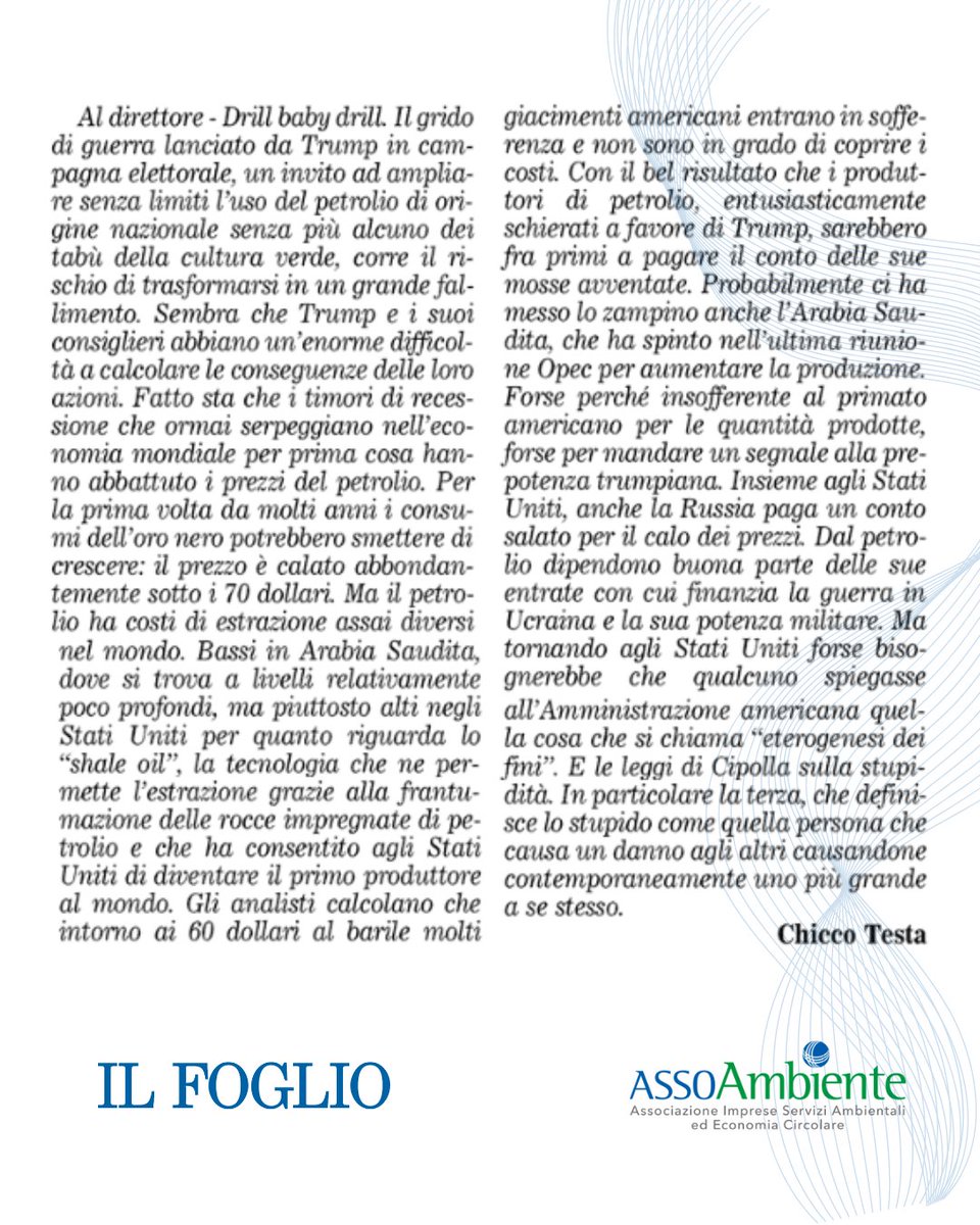 assoambiente's tweet photo. “Eterogenesi dei fini” e il boomerang del “Drill baby drill”.
📰 In rassegna l'articolo del presidente @chiccotesta https://t.co/RiApvZ8Tj6