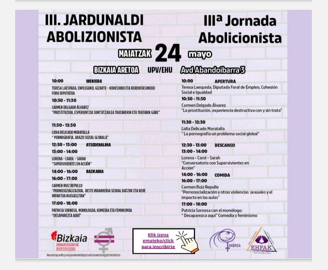♀️🟪♀️🟪♀️
COMPAÑERAS/os!!
"III Jornadas Abolicionistas" 
Organizadas por La Coordinadora Abolicionista de Euskal Herria 
(EHFAK) 
El 24 de Mayo
📌Bizkaia Aretoa-UPV/EHU
Av.Abandoibarra 3
(BILBAO)
🔊Enlace a la inscripción!
👇👇👇 docs.google.com/forms/d/e/1FAI… 
🤗🔥🤗🔥🤗
#LOASPseráLEY