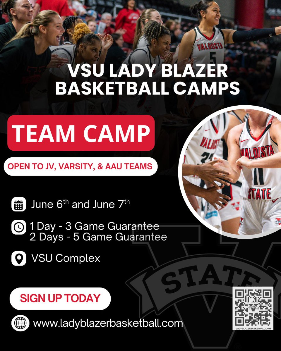 Join us for Team Camp in the Complex on June 6th and June 7th! 🏀

3 game guarantee for one day of camp. 5 game guarantee for two days of camp. 

Register Today 
🔗: ladyblazerbasketball.com