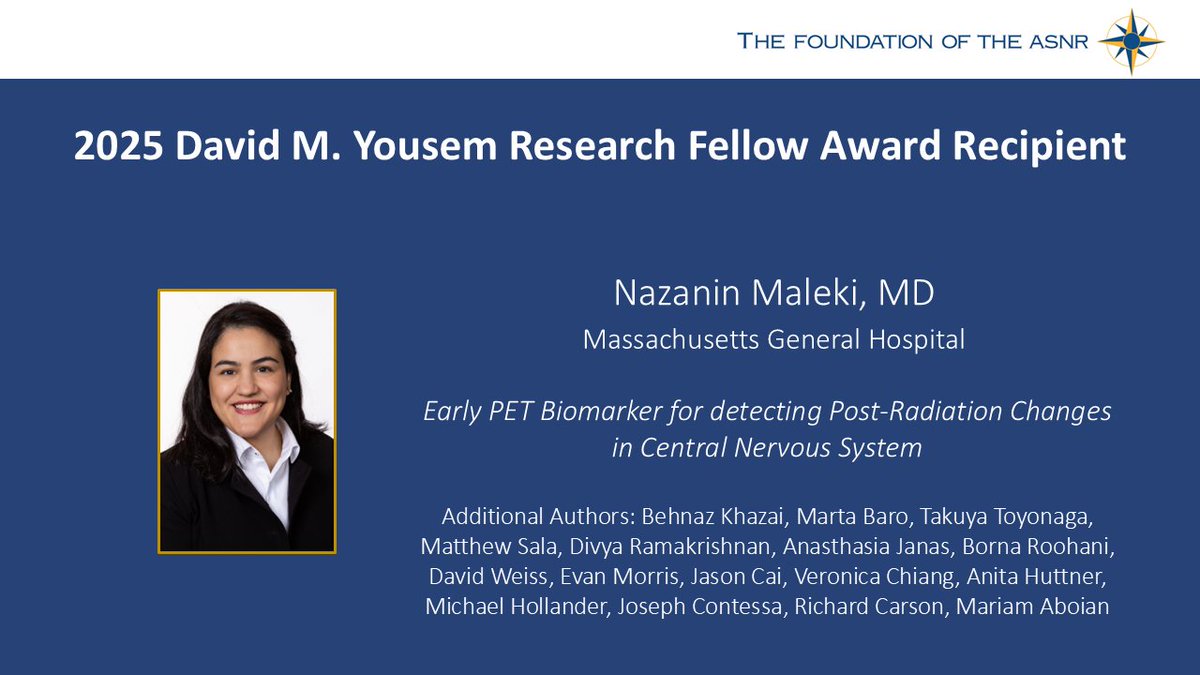 Congratulations to Nazanin Maleki, MD, a 2025 David M. Yousem Research Fellow Award recipient. Recipients will be presenting their projects during #ASNR25 in Philadelphia. Get more information and view all of the recipients here: ow.ly/O2EM50VAlo0