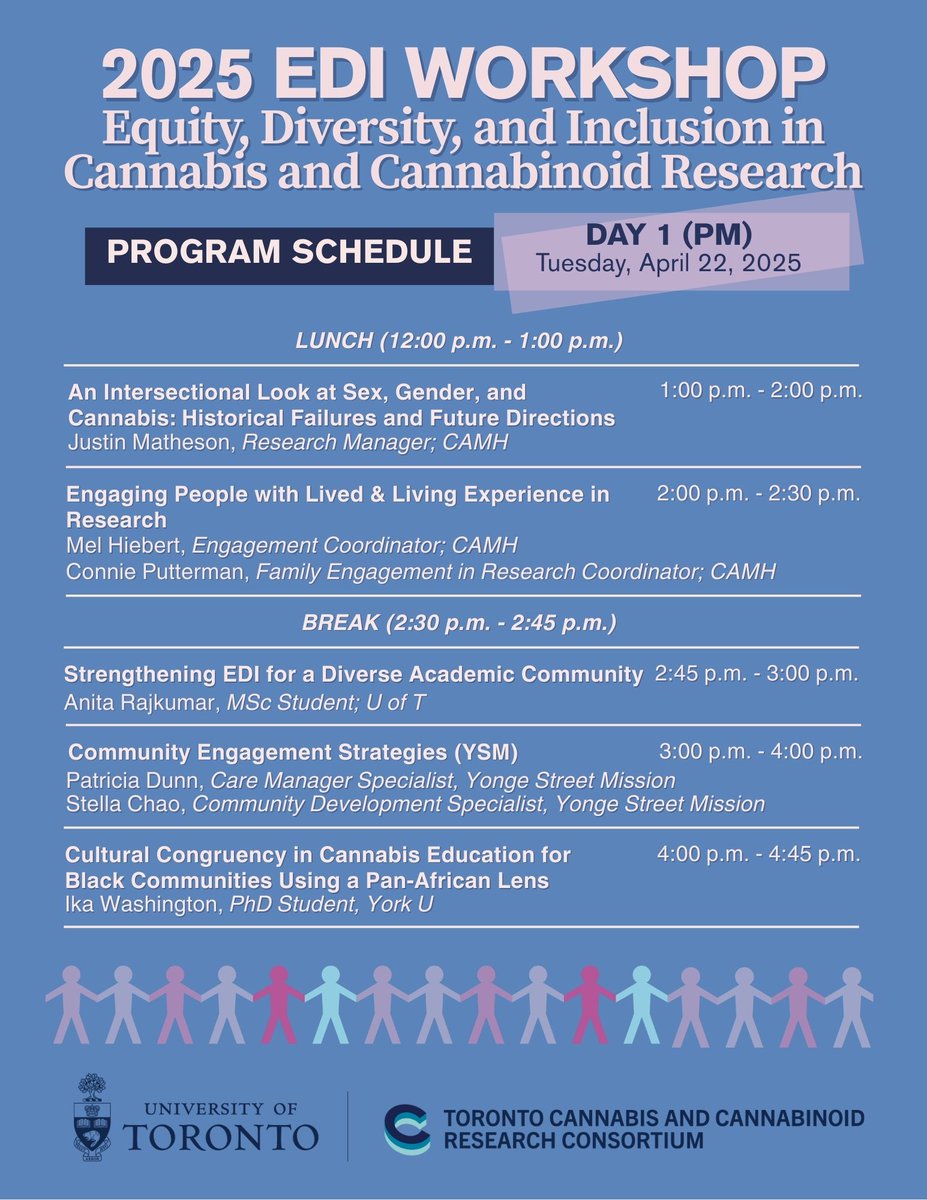 Pleased to announce the DAY 1 programme for our #EDI #Workshop with <a href="/TC3consortium/">Toronto Cannabis & Cannabinoid Research Consortium</a> at <a href="/UofT/">University of Toronto</a>.

📅April 22 - 23, 2025.
📍Chestnut Conference Centre
🕝 8:30am - 5:30pm ET

REGISTER: tinyurl.com/TC3EDI2025
MORE INFO: tinyurl.com/TC3EDIinfo