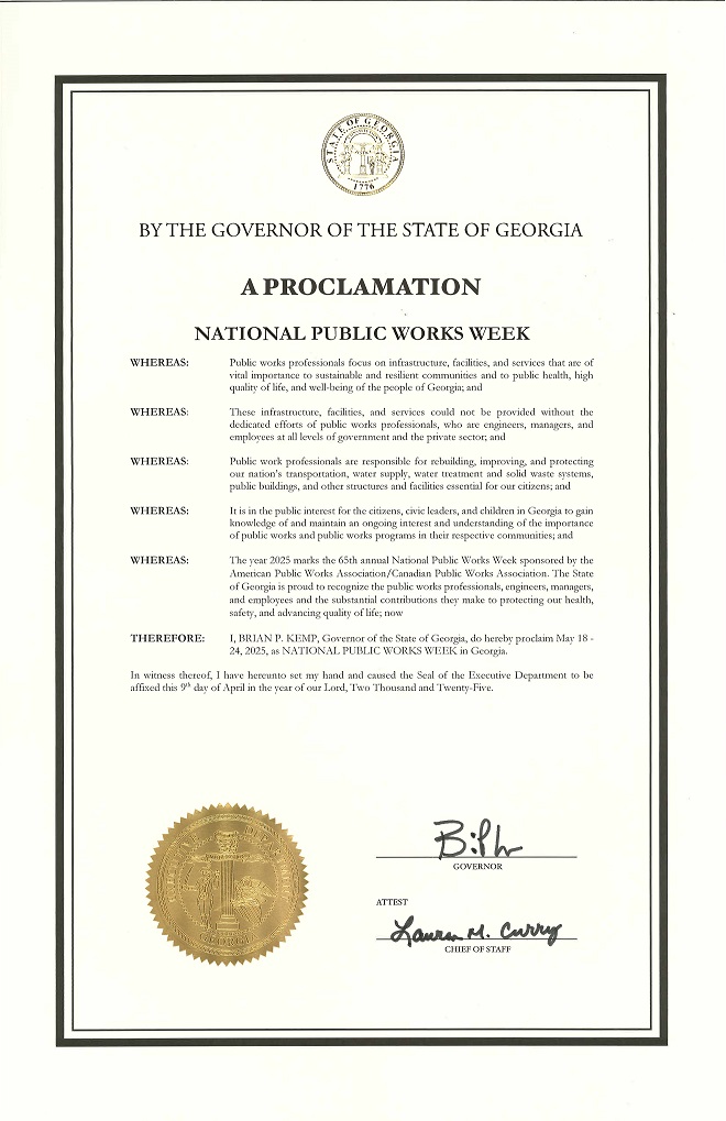 Thank you, <a href="/GovKemp/">Governor Brian P. Kemp</a>, for your proclamation declaring May 18-24 National Public Works Week!

"Public works professionals focus on infrastructure, facilities, and services that are of vital importance to sustainable and resilient communities and to public health, high quality of