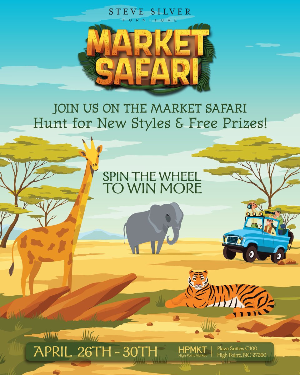 SteveSilverCo's tweet photo. It's time for a WILD adventure at HPMKT!
Join us for the Market Safari Hunt🦒

🛋️ Hunt for NEW styles &amp; FREE prizes

🐯 Track down a plush tiger, giraffe, hippo, or elephant 
across High Point

🎁 Bag it &amp; bring it back for a special prize

🎉 Spin the wheel to win even MORE https://t.co/BDXeqSUDKS