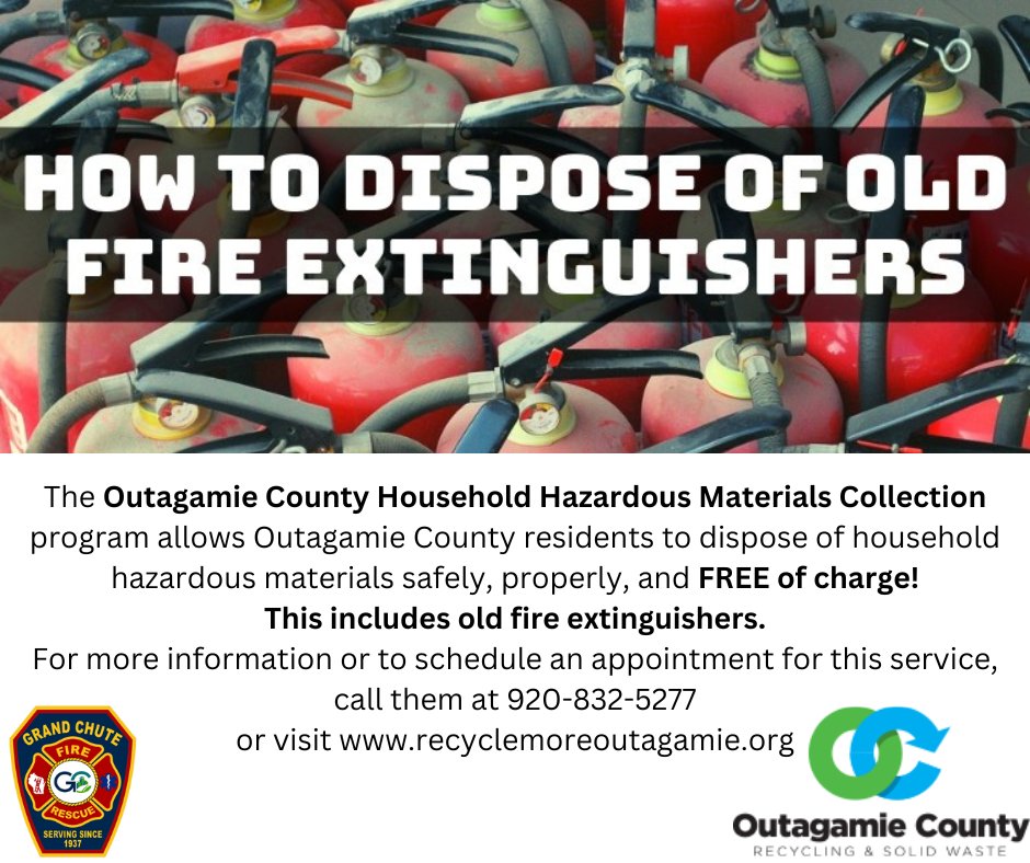 GrandChuteFire's tweet image. GCFD does not dispose of fire extinguishers. Outagamie County residents can dispose of fire extinguishers FREE of charge! More information can be found by calling Outagamie County Recycling and Solid Waste at 920-832-5277.

#hazardousmaterials #fireextinguishers