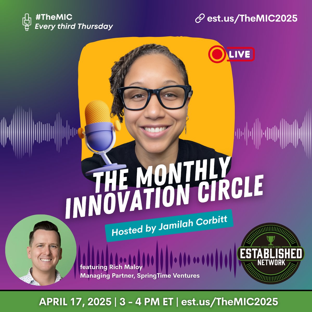 Established (@establishedus) on Twitter photo Did you know <a href="/JamilahCorbitt/">Jamilah Corbitt</a> is Established's Engagement Director? She is a storyteller, a community builder, and a burst of energy who hosts our Monthly Innovation Circle (#TheMIC)!
Join Jamilah and special guest <a href="/stoneybaby/">Rich Maloy</a> on 4/17 for our next call: est.us/TheMIC2025 Did you know <a href="/JamilahCorbitt/">Jamilah Corbitt</a> is Established's Engagement Director? She is a storyteller, a community builder, and a burst of energy who hosts our Monthly Innovation Circle (#TheMIC)!
Join Jamilah and special guest <a href="/stoneybaby/">Rich Maloy</a> on 4/17 for our next call: est.us/TheMIC2025