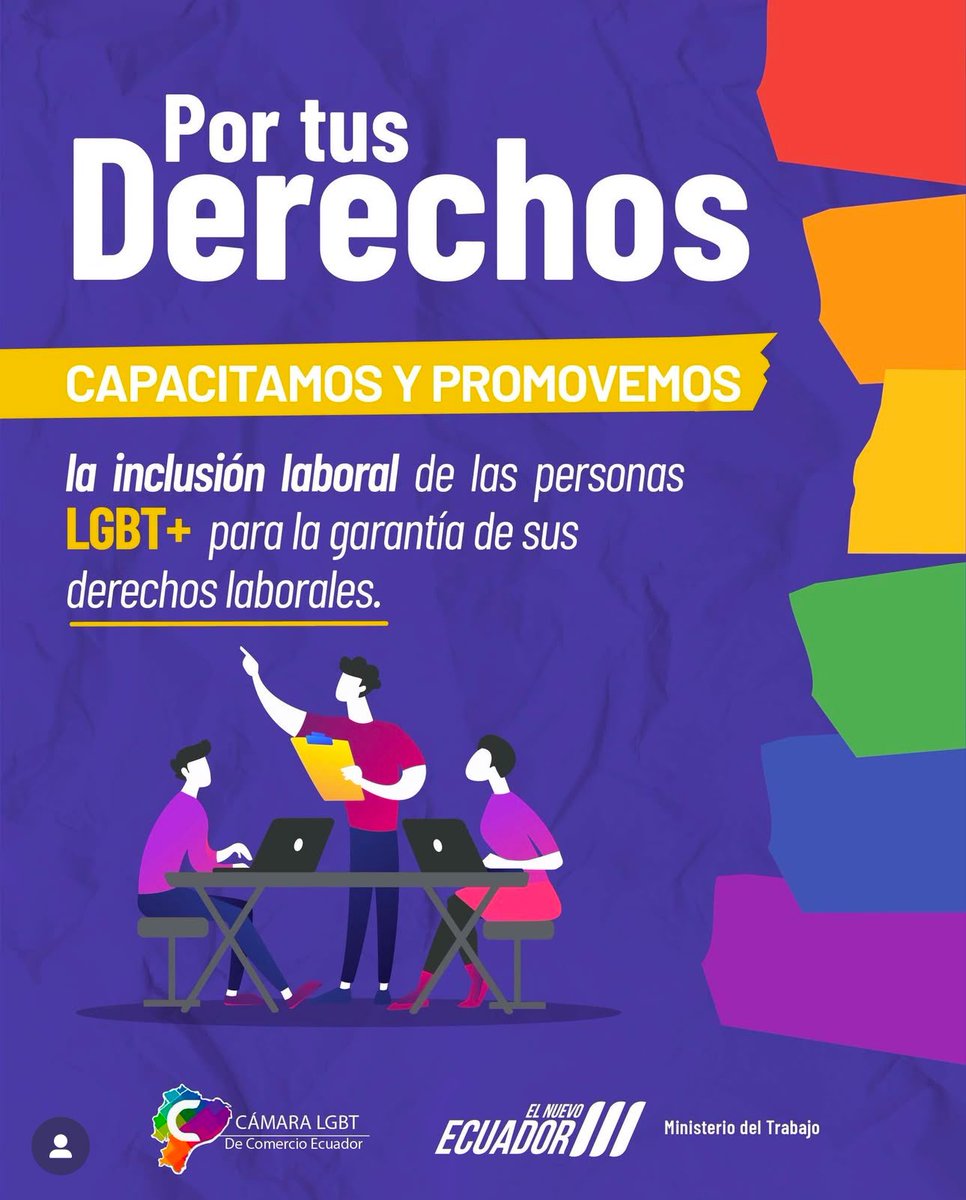 Impulsamos espacios laborales inclusivos. El <a href="/MinTrabajoEc/">Ministerio del Trabajo Ecuador 🇪🇨</a> en conjunto con #camaralgbt brinda y promueve capacitaciones para instituciones públicas y empresas privadas garantizando el respeto a los derechos laborales.

¡Porque el talento no tiene etiquetas, tiene valor!
