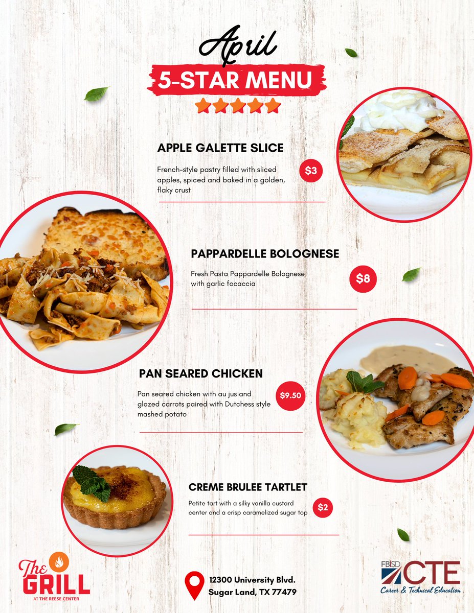 ✨Now serving: The Grill’s April 5-Star Lunch menu. Our culinary students are showcasing upscale dishes like pan-seared chicken with au jus, fresh pappardelle Bolognese, and crème brûlée tartlets.  
Open Tues–Thurs | 10 AM–4 PM  

Order Here: the-grill-106379.square.site