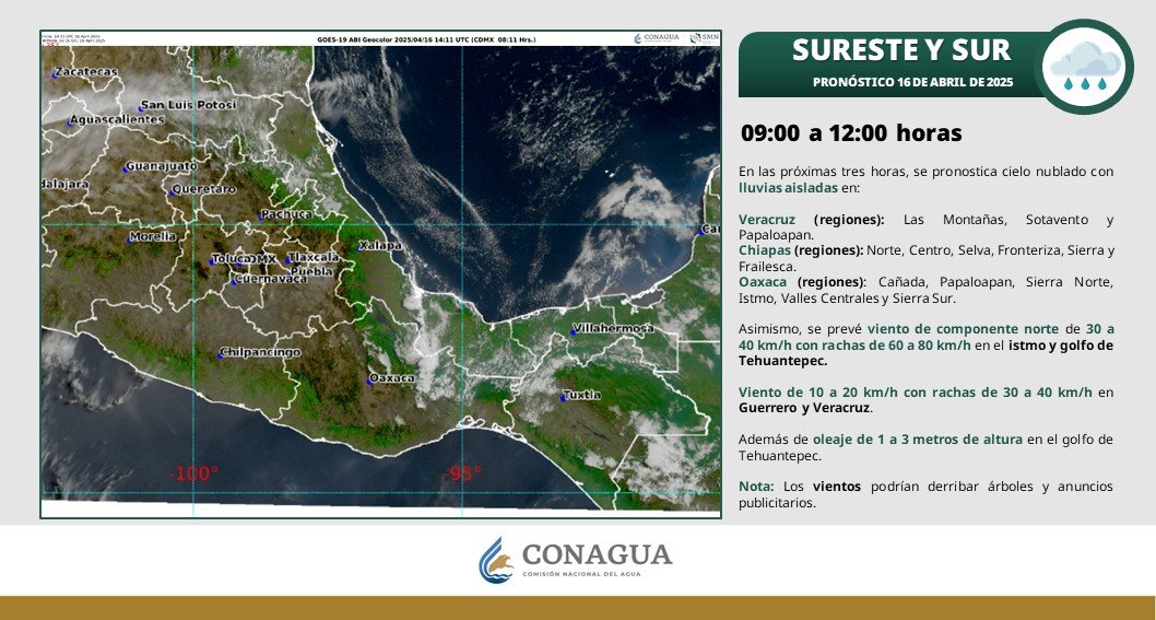 En las próximas tres horas, se pronostican #Lluvias aisladas, fuertes #Rachas de #Viento y #Oleaje elevado en el sur y sureste del país.