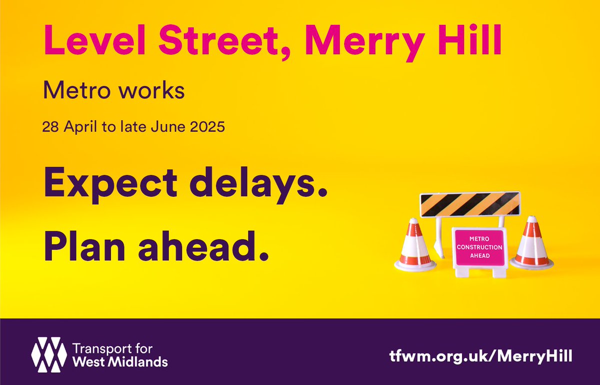 🗓️ Reminder! Construction at Level St, #MerryHill starts NEXT WEEK (April 28th) until late June.

Expect potential delays at Level St Island so pan your journeys here with helpful info here ➡️: tfwm.org.uk/MerryHill

Consider travelling by public transport.