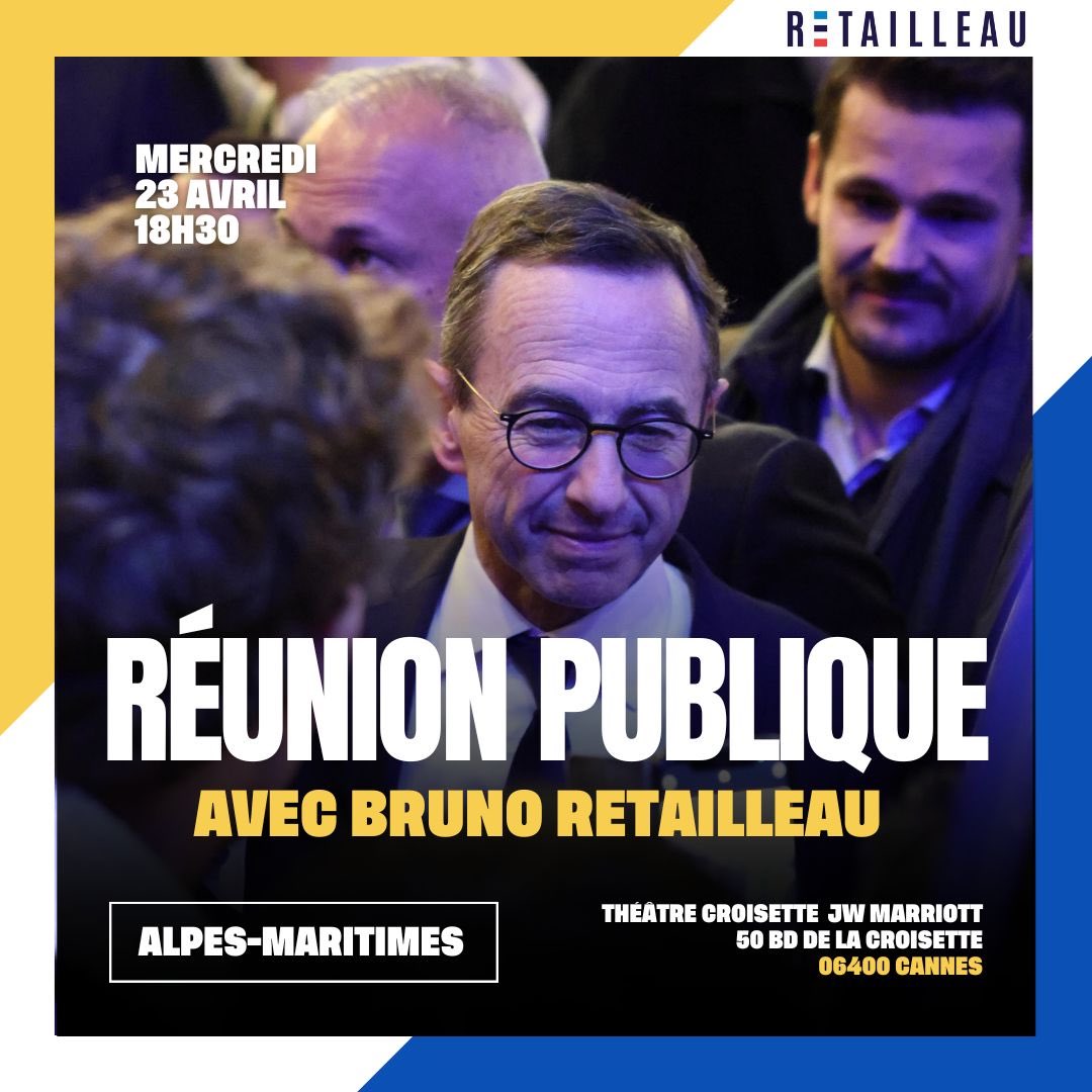 Alexandra Martin (@martinalex06) on Twitter photo 🇫🇷 C’est Mercredi prochain à 18h30 à Cannes !
Nous aurons l’honneur avec <a href="/davidlisnard/">David Lisnard</a> et de très nombreux élus d’accueillir <a href="/BrunoRetailleau/">Bruno Retailleau</a>, ministre de l’Intérieur et candidat à la présidence des <a href="/lesRepublicains/">les Républicains</a>.
Il viendra partager sa vision pour la France et pour la 🇫🇷 C’est Mercredi prochain à 18h30 à Cannes !
Nous aurons l’honneur avec <a href="/davidlisnard/">David Lisnard</a> et de très nombreux élus d’accueillir <a href="/BrunoRetailleau/">Bruno Retailleau</a>, ministre de l’Intérieur et candidat à la présidence des <a href="/lesRepublicains/">les Républicains</a>.
Il viendra partager sa vision pour la France et pour la