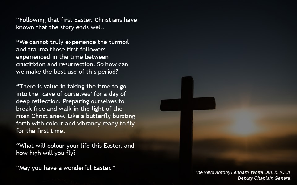Royal Army Chaplains’ Department (@armychaplaincy) on Twitter photo Holy Saturday marks the end of Holy Week and is a day of reflection and waiting for Christ’s resurrection. 🙏
The Deputy Chaplain General shares some thoughtful words below relating to the period between crucifixion and resurrection. ✝
#HolyWeek2025
<a href="/churchofengland/">The Church of England</a> Holy Saturday marks the end of Holy Week and is a day of reflection and waiting for Christ’s resurrection. 🙏
The Deputy Chaplain General shares some thoughtful words below relating to the period between crucifixion and resurrection. ✝
#HolyWeek2025
<a href="/churchofengland/">The Church of England</a>