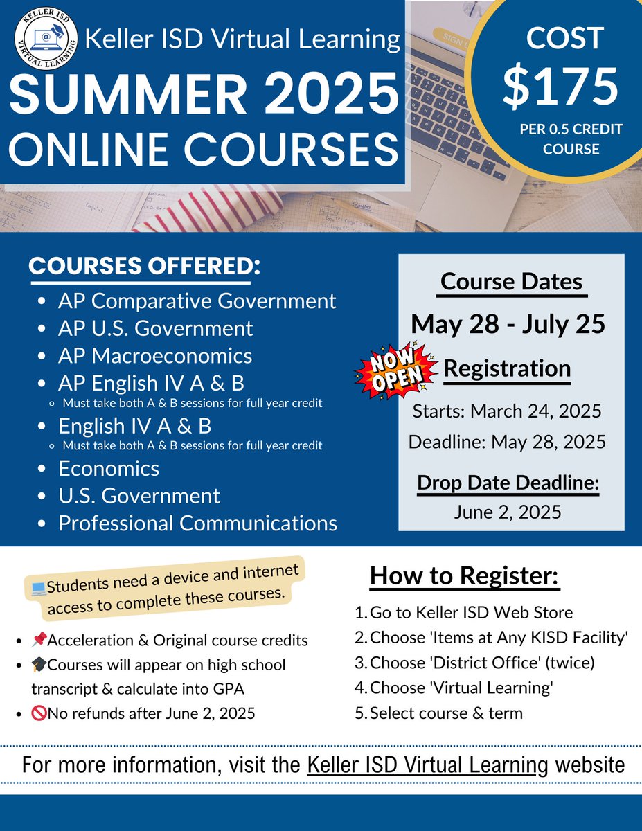 🚨 There’s still time to register for <a href="/KellerISD/">Keller Schools</a> Summer Virtual Courses!
📅 Session runs May 28–July 25
📲 Learn more: kellerisd.net/departments/vi…
📌Check the flyer for details!
<a href="/TimberCreek_HS/">Timber Creek High School</a> <a href="/KHSIndianNation/">Keller High School</a> <a href="/FossilRidgeKISD/">Fossil Ridge High School</a> <a href="/KellerCentralHS/">Keller Central HS</a> <a href="/KISD_Academy/">Keller Collegiate Academy</a> <a href="/KCAL_KISD/">KCAL KISD</a>