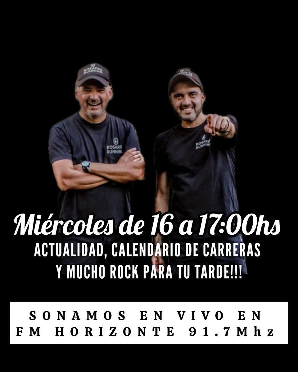 🅷🅾🆈 🆁🅾🆂🅰🆁🅸🅾 🆁🆄🅽🅽🅸🅽🅶
En vivo todos los miércoles de 16 a 17:00hs, con toda la actualidad, entrevistas en vivo, calendario de carreras y mucho rock para tu tarde!

📻 ROSARIO - FM 91.7Mhz
📱En IG @rosariorunning1
🌐 En todos lados, on line: rosariorunning.com.ar