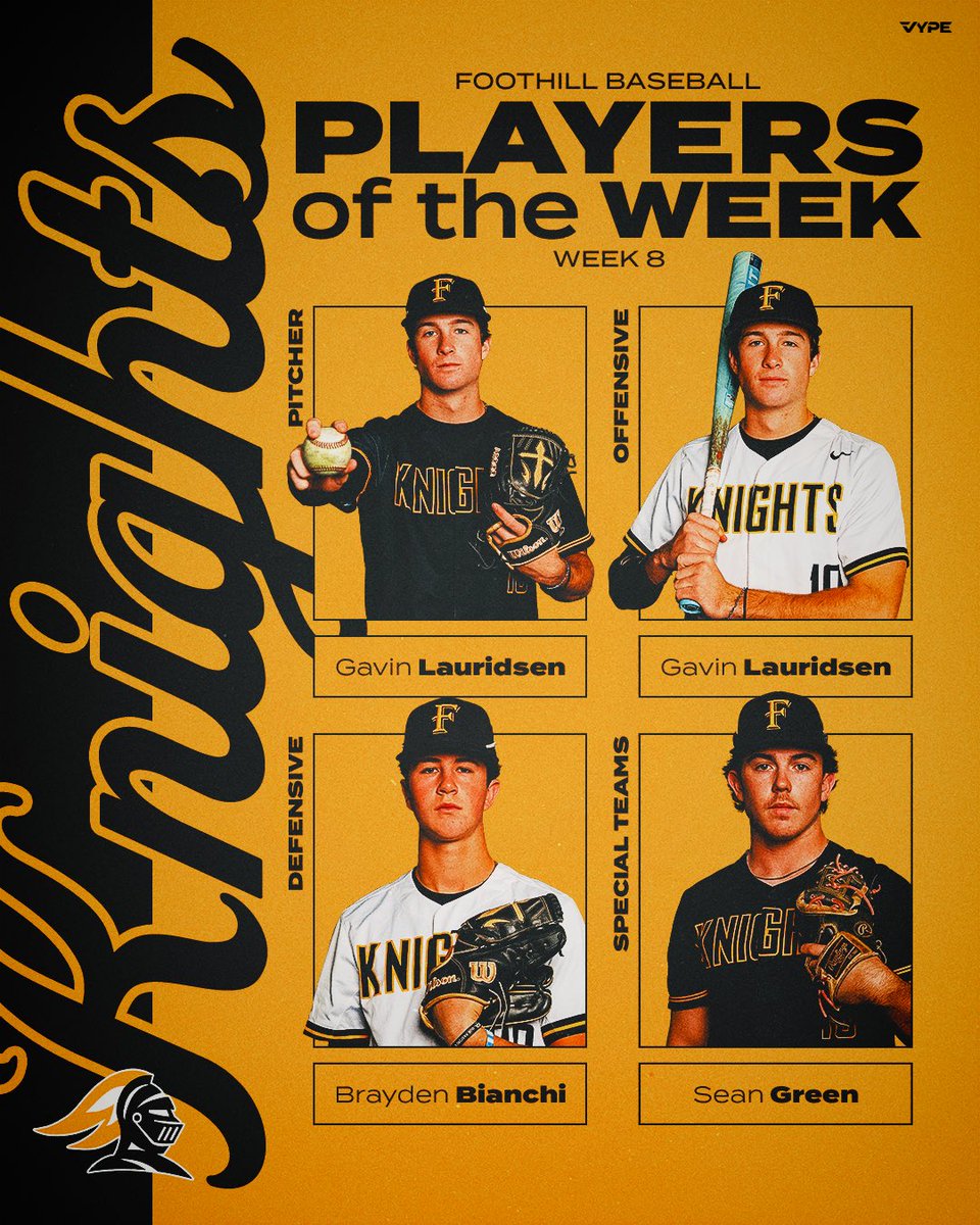 Foothill Baseball (@foothillbasebal) on Twitter photo The Knights Players of the Week for Week 8:
Pitcher: <a href="/GavinLauridsen/">Gavin Lauridsen</a> W 6IP ER 6H BB 12K
Offensive: <a href="/GavinLauridsen/">Gavin Lauridsen</a> 3-7 22B R RBI IBB
Defensive: <a href="/BraydenBianchi/">Brayden Bianchi</a> 1.000 4TC
Special Teams: <a href="/Sean_Green58/">Sean Green</a> 2HBP The Knights Players of the Week for Week 8:
Pitcher: <a href="/GavinLauridsen/">Gavin Lauridsen</a> W 6IP ER 6H BB 12K
Offensive: <a href="/GavinLauridsen/">Gavin Lauridsen</a> 3-7 22B R RBI IBB
Defensive: <a href="/BraydenBianchi/">Brayden Bianchi</a> 1.000 4TC
Special Teams: <a href="/Sean_Green58/">Sean Green</a> 2HBP