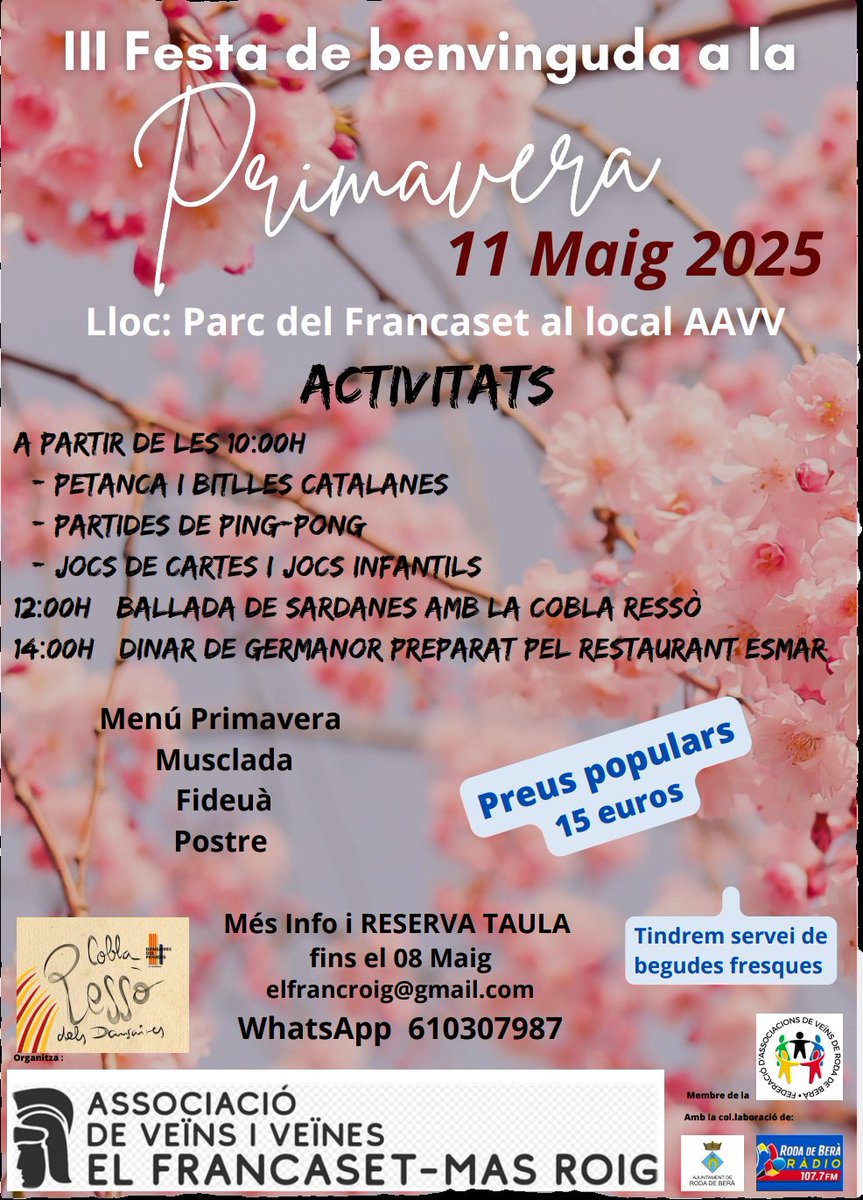 ElFrancRoig's tweet photo. Ja tenim data de la III FESTA DE LA PRIMAVERA al Francaset i el Mas -Roig. Reserva ja teva plaça. Aquest any jocs,sardanes i fideuà @rodadeberaradio @ajrodadebera @favrodadebera @XVendrellenca #coblaressò #restaurantEsmar #Primavera https://t.co/V819EwdWgP