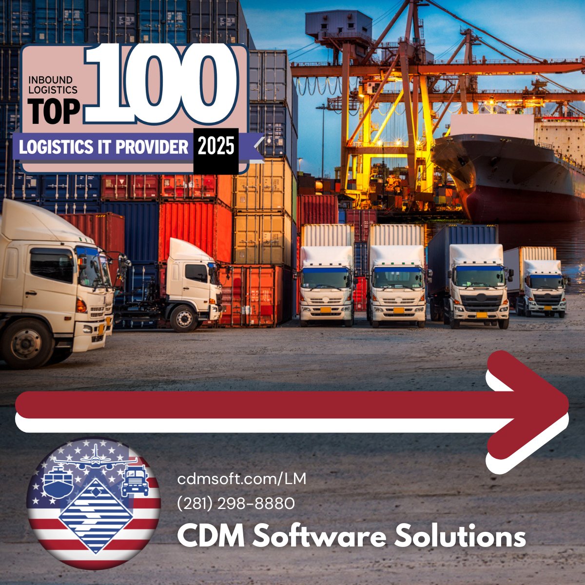 CDMSoftwareHou's tweet image. If you're looking for certified, reliable, and awarded logistics software, look no further! CDM Software Solutions is an @Inbound Logistics Top 100 Logistics IT Provider 2025. #CDMSoftwareSolutions #LogisticsSoftware