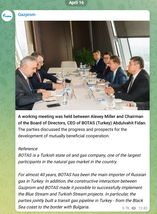 tmarzecmanser's tweet photo. Last 2 public meetings between #Gazprom’s Miller and a foreign partner have been Turkish. 16-Apr with BOTAS and 26-Mar with Bosphorus Gaz.
I can only assume plans to use to the Turkish grid to flow Russian #natgas into SE Europe are progressing. #TTF #LNG #TurkStream #BlueStream https://t.co/TWVCWTg0Ei
