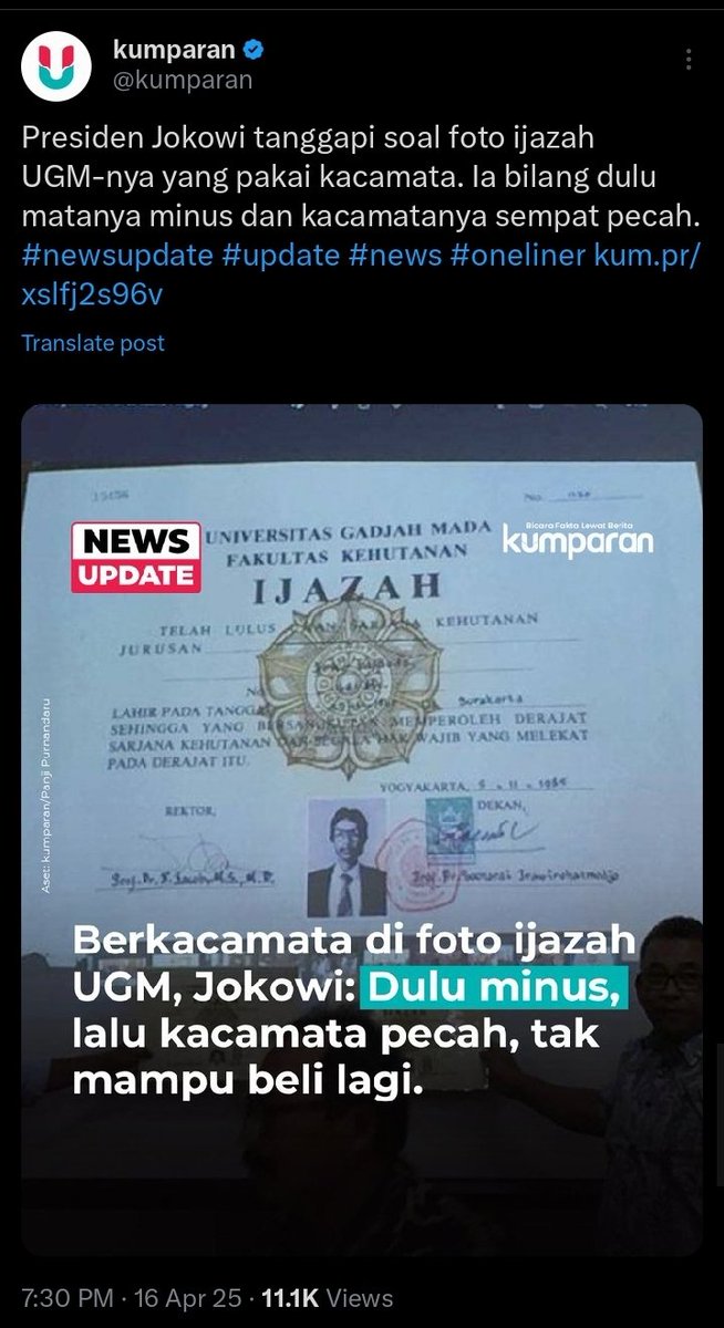 LOGIKA FUFUFAFA | 

Dalihnya ringkih, logikanya amburadul, pun gagal memahami konteks, shg membuka bendungan keraguan yg keruh, daripada menjernihkan.

Memori personal dipakai untuk mengaburkan bukti material.

Berkacamata pada pas foto ijazah, bukan tentang penglihatan, tapi