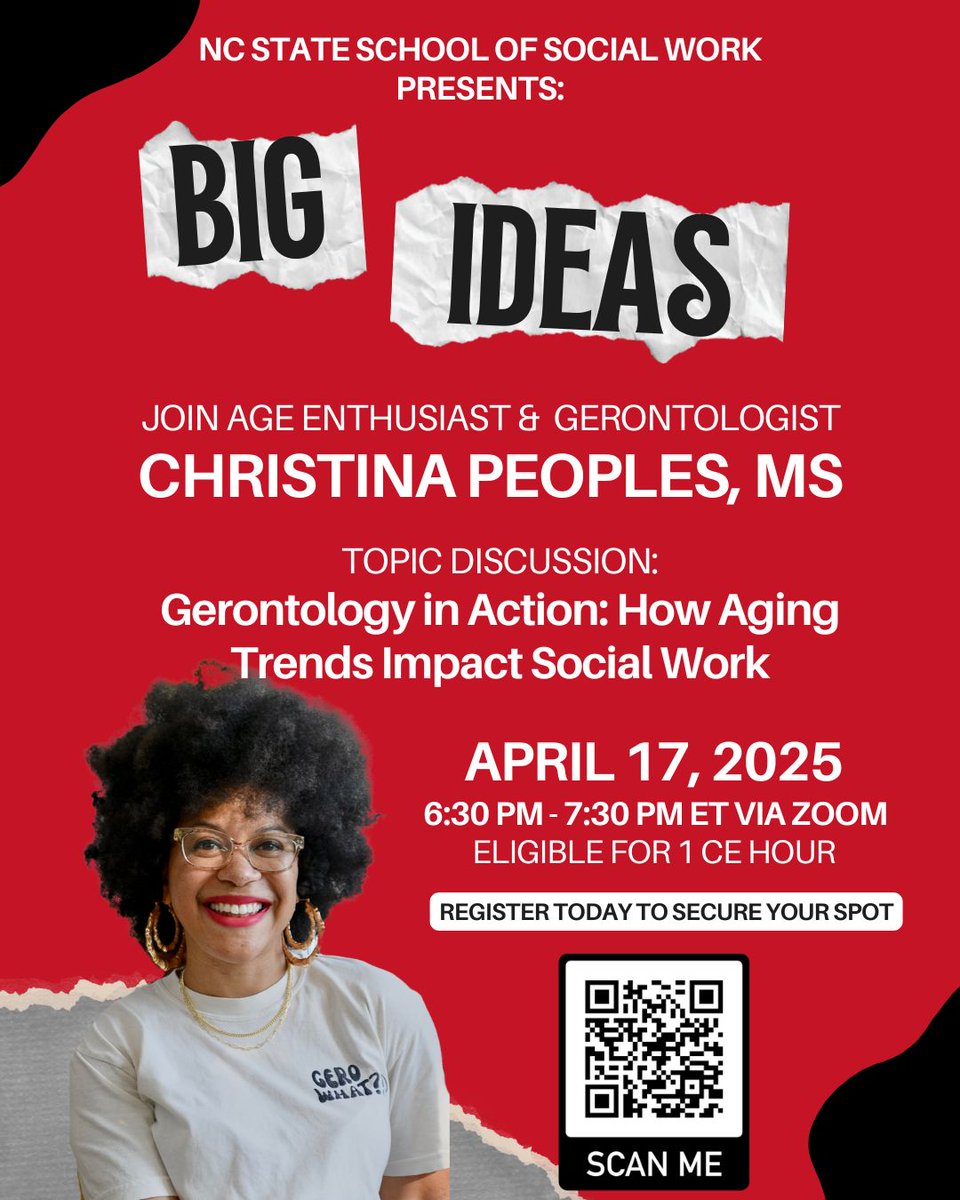 Last call to register for this iteration of the Big IDEAS Speaker Series and earn your free CE!

Sit down with Prof. Christina Peoples, a passionate expert for age inclusion, as we discuss aging trends and the impact they have in social work.

RSVP here: go.ncsu.edu/ferzhmd