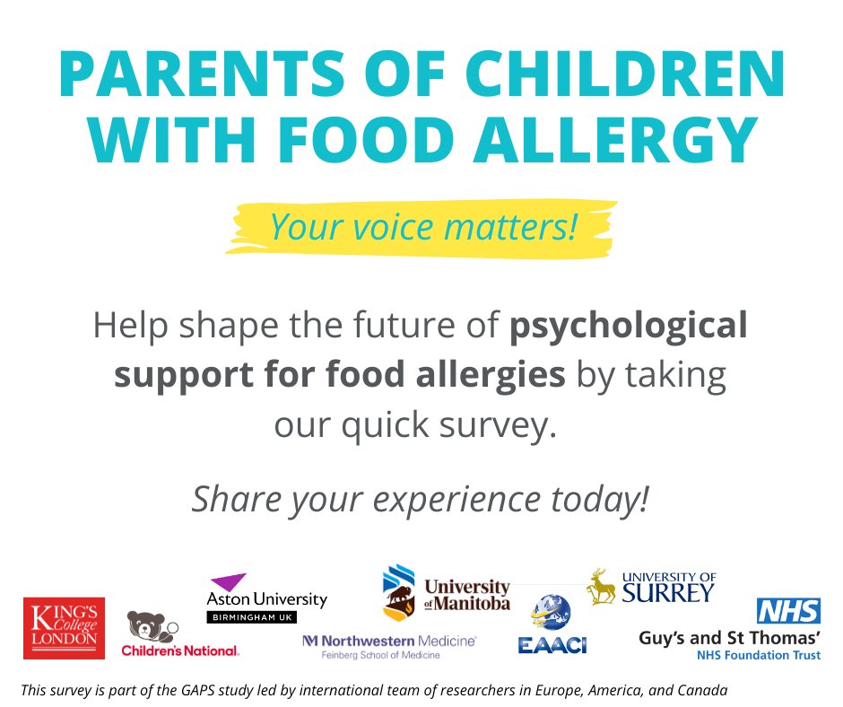 Caring for a child with food allergies can be overwhelming — not just physically, but emotionally too.

We’re partnering on a global study to better understand what families go through every day — &amp; we need your voice!

🔗astonpsychology.eu.qualtrics.com/jfe/form/SV_3Q…

#FoodAllergyParent #GAPSstudy