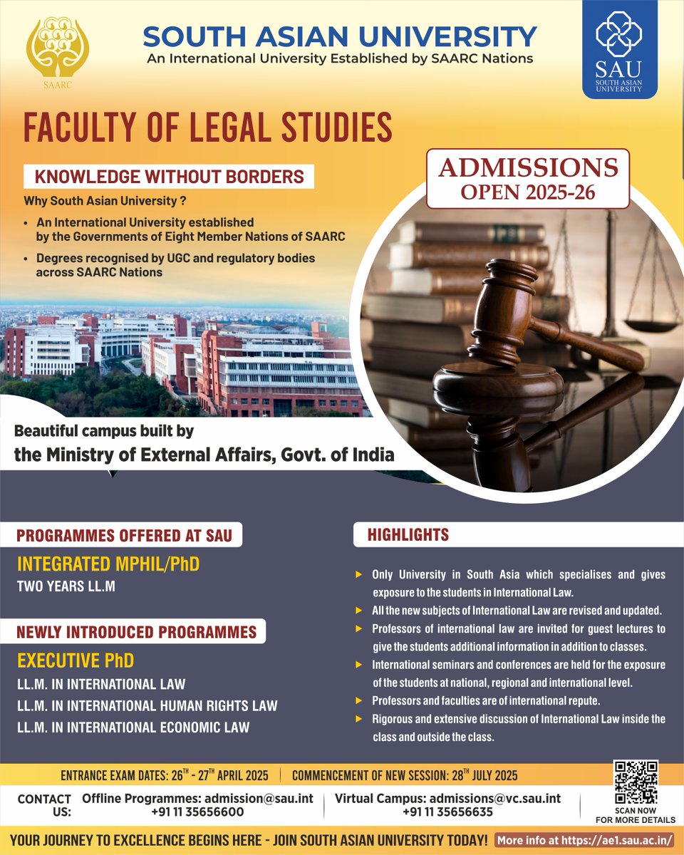 SouthAsianUni's tweet photo. Study international law, justice &amp; human rights at SAU. Gain regional legal insight and drive change through research and practice. Admissions now open—build a just South Asia.

#Sauedge #SAU #SAARC #StudyAtSAU  #GlobalExposure #SouthAsia  #Diversity #Innovation #MPHIL #PhD #LLM https://t.co/f6F0kQzV7B