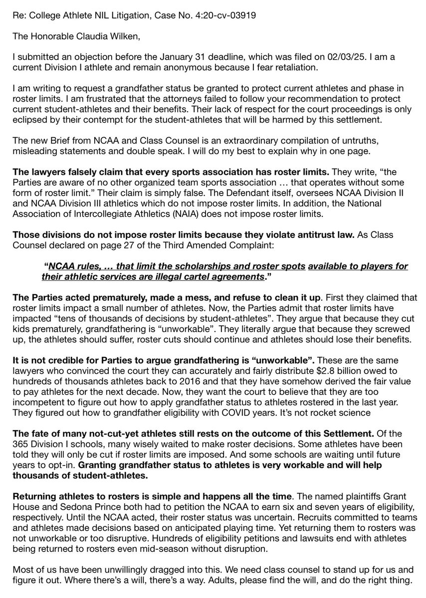 Here’s another letter that was sent to Judge Wilken and forwarded to my email box. In one page, this student-athlete obliterates every argument made by the NCAA for why they cannot grandfather in roster limits. “It’s not rocket science.”
