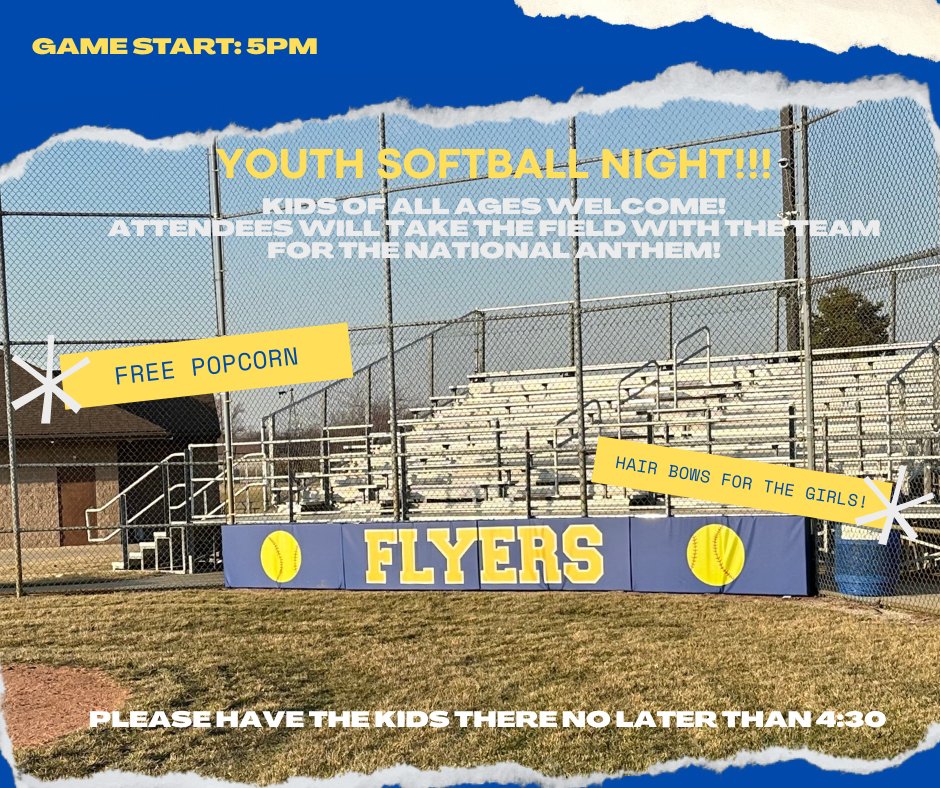 Please join us for 🥎YOUTH SOFTBALL NIGHT🥎 as we take on Parkway, tomorrow night at 5pm!! Youth attendees will take the field with the team for the National Anthem 🇺🇸 Please have them arrive no later than 4:30 to begin taking the field. Hair bows and popcorn for the girls🍿💙💛