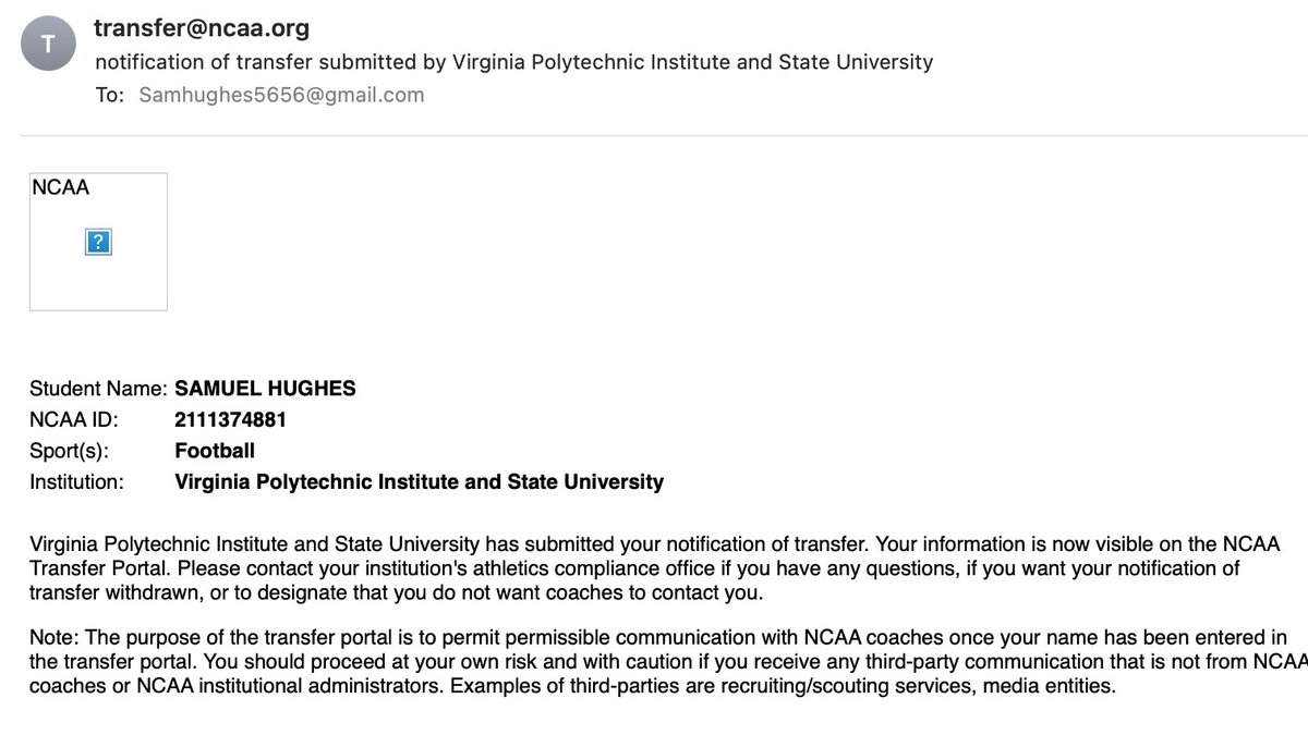 Officially in the portal as a graduate! Thankful for my time at Virginia Tech! DM's Open!