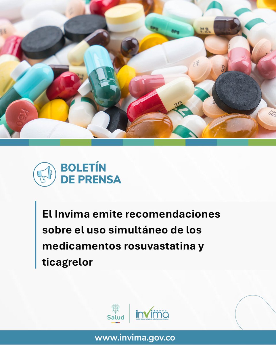 invimacolombia's tweet photo. Invima informa a la comunidad sobre la importancia de seguir estrictamente la prescripción médica al usar simultáneamente rosuvastatina y ticagrelor.
El uso conjunto de estos medicamentos podría aumentar el riesgo de efectos adversos graves como la rabdomiólisis.
#InvimaInforma https://t.co/saOjvcX6Xc