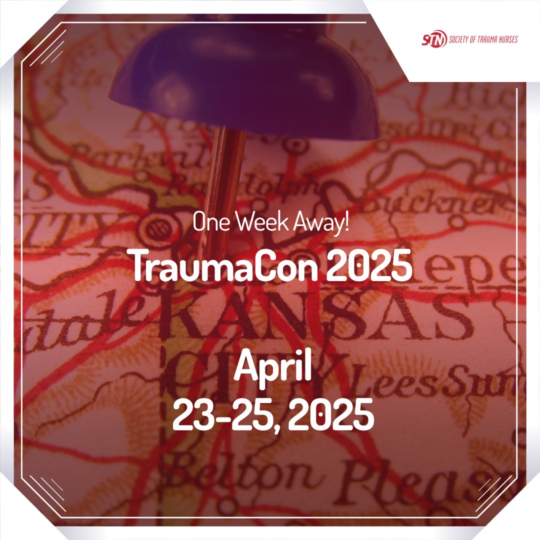 SocTraumaNurses's tweet photo. ONE WEEK AWAY! 
#TraumaCon2025 is almost here—and there’s still time to join us in Kansas City, MO, April 23–25!

Don’t miss the premier event for trauma nursing professionals. Get ready for expert-led sessions, hands-on learning, and powerful connections with peers from across the country.

Let’s advance trauma care—together.
Register now: https://t.co/N1Zri4gRSN