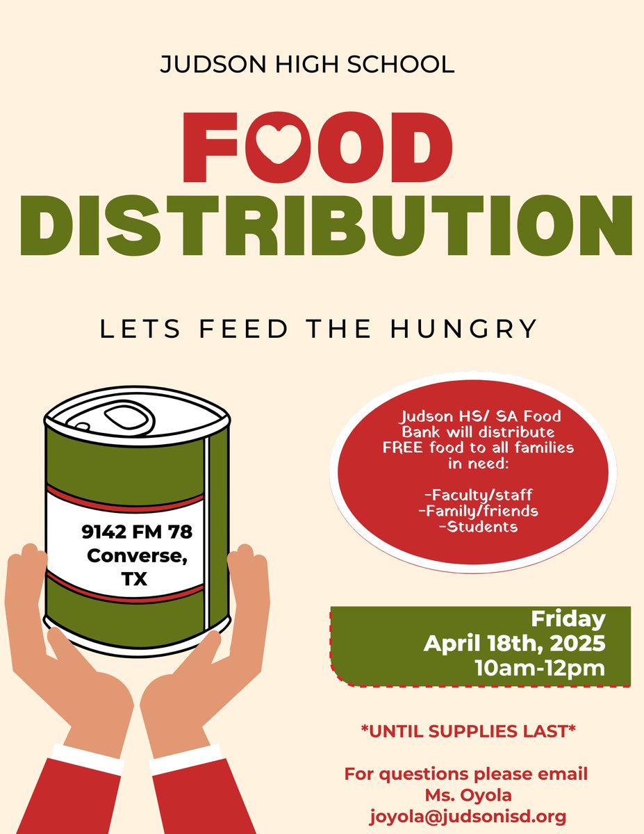 Rocket community, join us 4/18/25 from 10 am - 12 pm. Judson HS/ SA Food Bank will distribute FREE food to all families in need. Faculty/staff, family/friends, and students are invited to come!