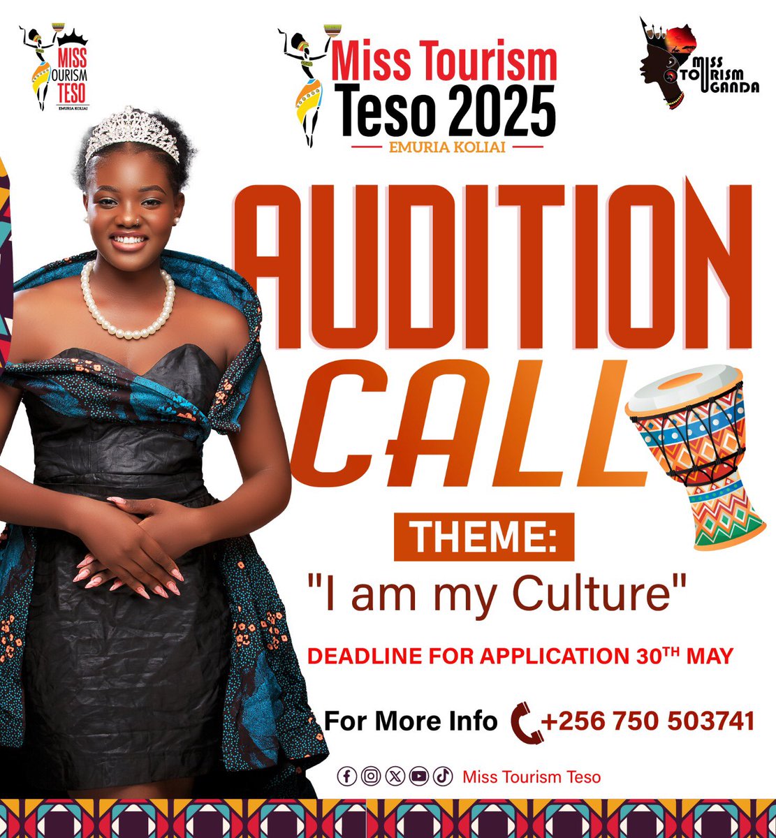 *THE CALL IS ON* 

Are you ready to represent beauty and culture of Teso on national and a global stage ? 

Miss Tourism Teso 2025 is on and is calling upon confident, intelligent and passionate young women to step forward and become the ambassadors of Teso heritage, elegance and