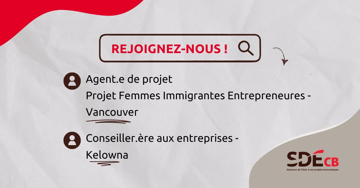 💥 La SDÉCB recrute ! ✨

Nous avons deux postes à pourvoir dès que possible : 
▪️ Agent.e de projet, à Vancouver
▪️ Conseiller.e aux entreprises, à Kelowna
👉 loom.ly/QiBBBME

#Communication #Recrutement #FrancophonieCB