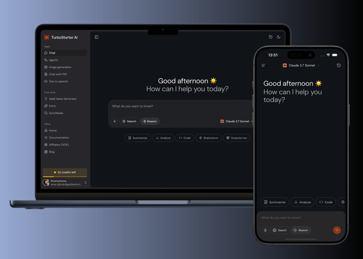 Bart ⚡ (@bzagrodzki) on Twitter photo I'm shipping TurboStarter AI - your starting point for next AI project 🔥
→ Web: <a href="/nextjs/">Next.js</a> <a href="/honojs/">Hono</a> <a href="/aisdk/">AI SDK</a> <a href="/LangChainAI/">LangChain</a> <a href="/tailwindcss/">Tailwind CSS</a>
→ Mobile: <a href="/expo/">Expo</a> <a href="/reactnative/">React Native</a> <a href="/aisdk/">AI SDK</a> <a href="/nativewindcss/">Nativewind</a>
It will be a banger, promise 🤞 I'm shipping TurboStarter AI - your starting point for next AI project 🔥
→ Web: <a href="/nextjs/">Next.js</a> <a href="/honojs/">Hono</a> <a href="/aisdk/">AI SDK</a> <a href="/LangChainAI/">LangChain</a> <a href="/tailwindcss/">Tailwind CSS</a>
→ Mobile: <a href="/expo/">Expo</a> <a href="/reactnative/">React Native</a> <a href="/aisdk/">AI SDK</a> <a href="/nativewindcss/">Nativewind</a>
It will be a banger, promise 🤞