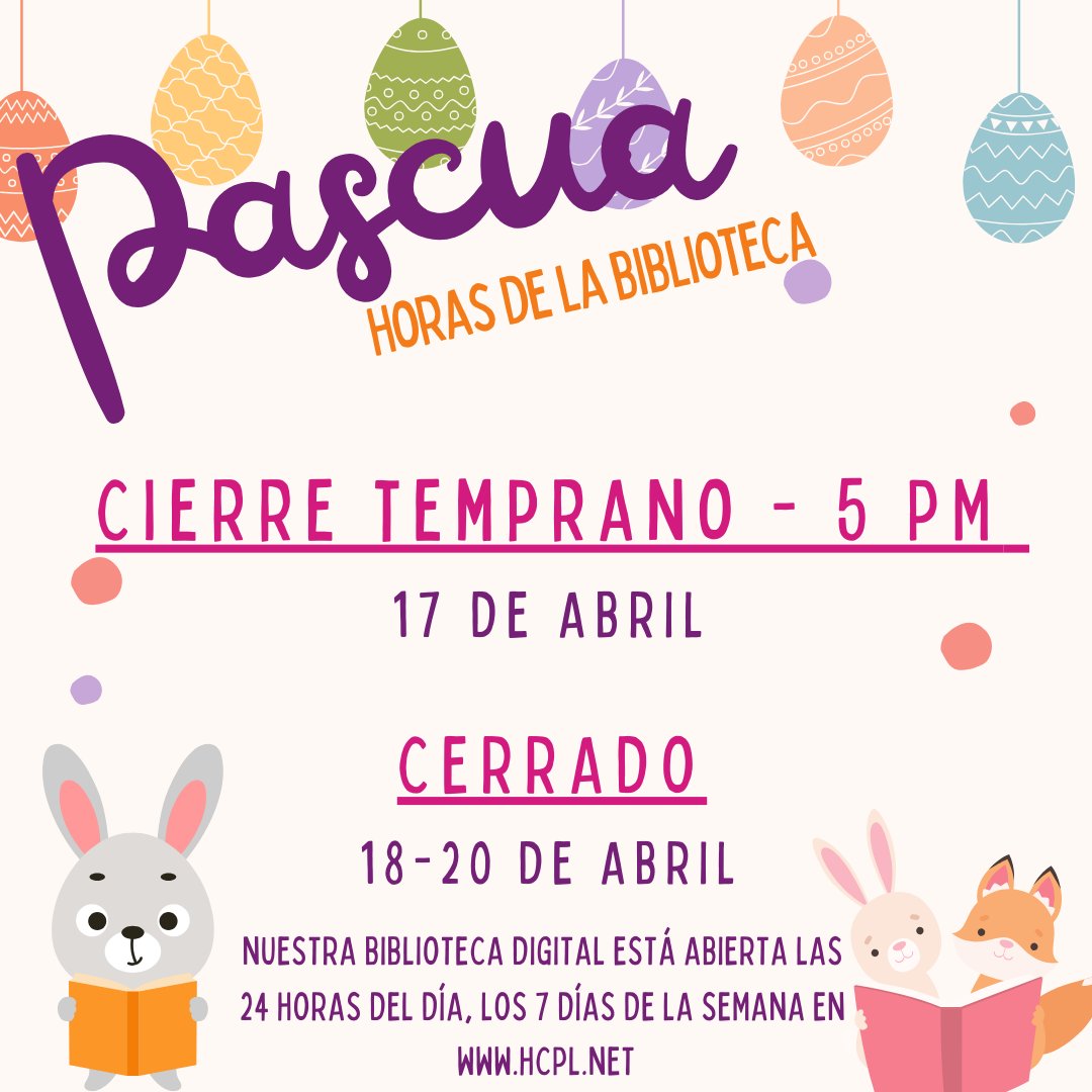 Happy Easter! We'll be closed April 18-20, but our digital library is open 24/7.

¡Feliz Pascua! Estaremos cerrados del 18 al 20 de abril, pero nuestra biblioteca digital está abierta 24 horas al día, 7 días a la semana.

#HappyEaster #FelicesPascuas
