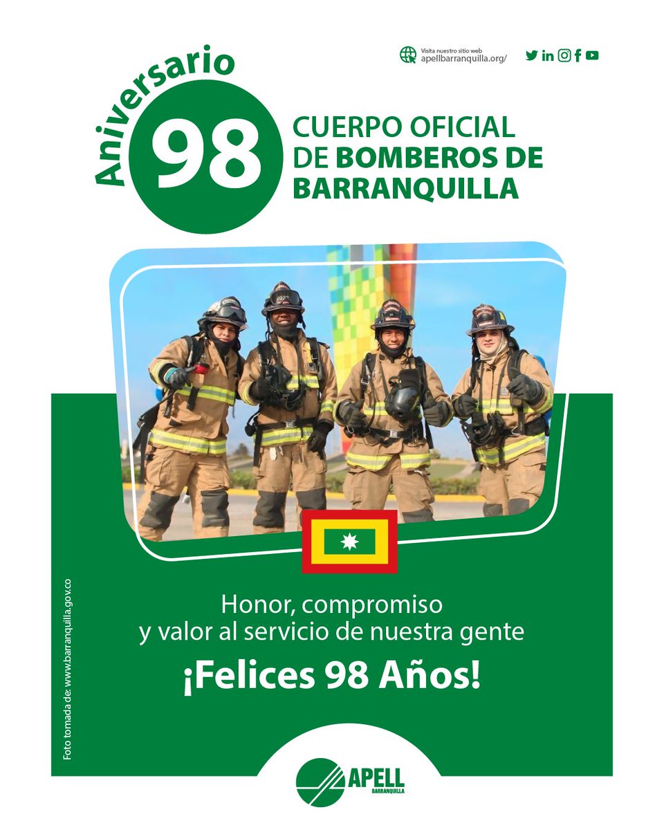 APELLBaq's tweet photo. Felicitamos a  @BomberosBquilla 
en su aniversario número 98, reconociendo su valentía y entrega y,  destacando su espíritu de servicio, su labor incansable y su compromiso por la seguridad de nuestra ciudad…Nuestro orgullo…nuestros bomberos! https://t.co/Qm1eypM3OK