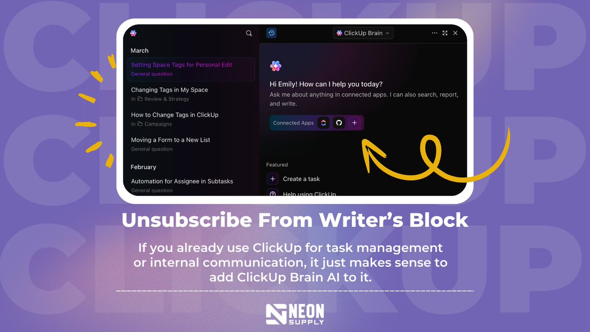 aimcollabs's tweet image. Writer&apos;s block? 🧠❌ We unsubscribed from that. Here&apos;s how.

We already use ClickUp for task management and internal comms, so it made sense to add the ClickUp Brain, too. 

This way, our brainstorming buddy lives in the same place as the rest of our work 🫶

#ClickUpAI #ClickUp