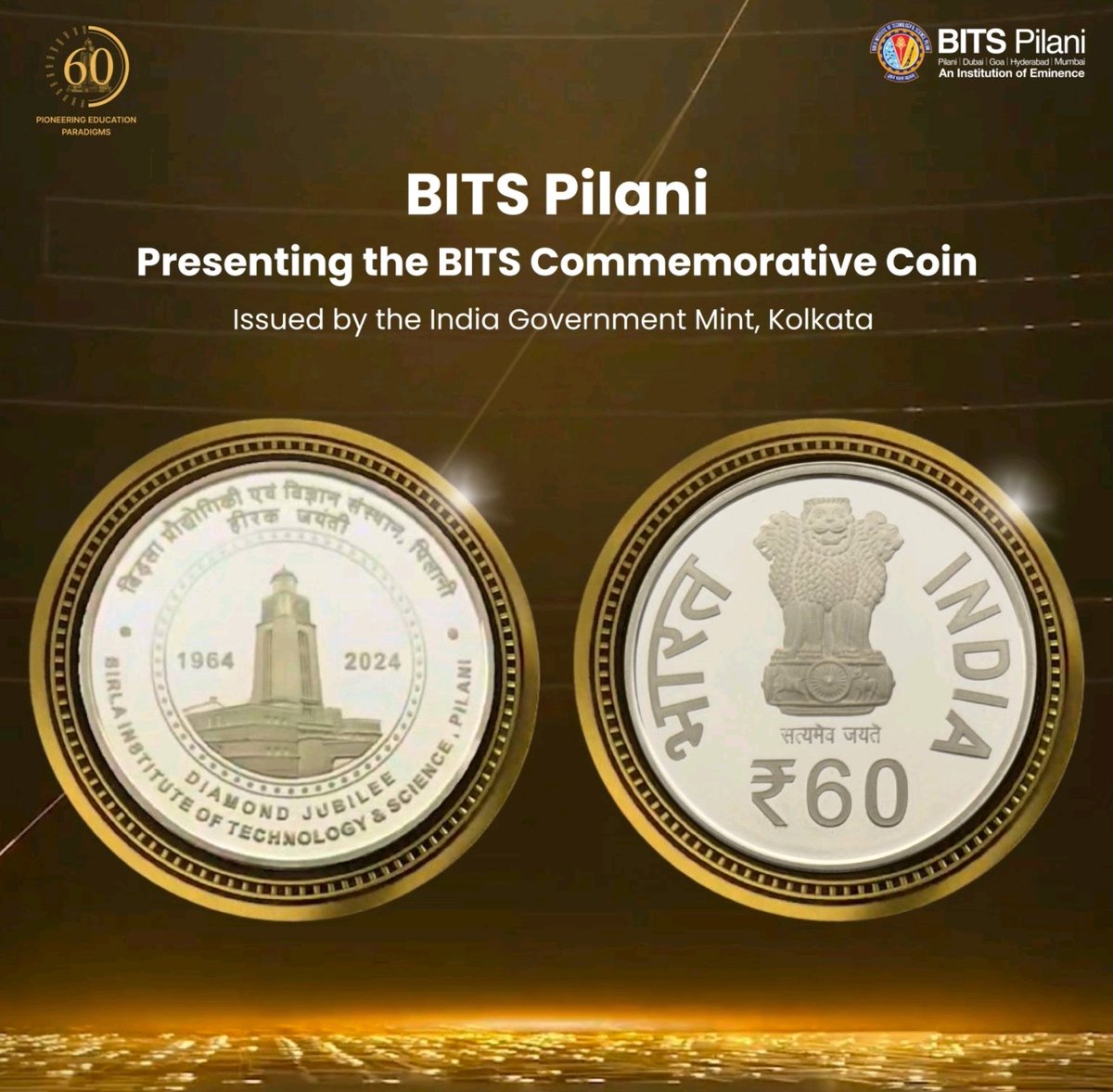 ramgopal_rao's tweet photo. #BITSPilani is now part of the nation’s official #currency of recognition.
A ₹60 #commemorative coin, symbolising the spirit of every #BITSian, past, present, and future, has been formally issued by the @FinMinIndia.
This is more than a coin. It’s a symbol of national recognition.
It celebrates the legacy of an institution that has shaped minds to lead with purpose, innovate with impact, and transform with conviction.
Launched during the convocation of BITSoM - @bitspilaniindia School of Management in Mumbai on April 14, this is a proud moment not just for us, but for Indian higher education.
The coin is now available for purchase from the India Government Mint.
60 years of Legacy—sealed and minted.
#DiamondJubilee