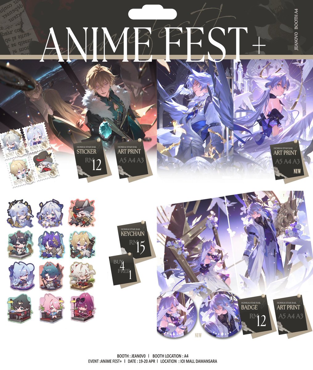 jean_0v0's tweet image. ANiME FEST!+ Catalogue (1/2)
(RTs are appreciated๐ )
19-20 APR 2025
Booth : A4 JEAN0V0
Location : IOI MALL DAMANSARA l Art Market LEVEL CC
#animefestplus #AnimeFestPlus2025 #honkaistarrail #HonkaiStarRail #ๅดฉๅฃในใฟใผใฌใค #PLAVE #ํ๋ ์ด๋ธ #pasarplave #pasarplavemy