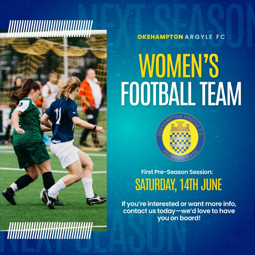 🟡 NEW TEAM ALERT! 🟡
Okehampton FC is starting a Women’s Team next season! ⚽

Are you passionate about football? Looking to join a supportive and ambitious team?

📅 First Session: Saturday, 14th June
⏰ Time: 11:00 AM
📍 Location: Okehampton FC

Interested? Contact us today