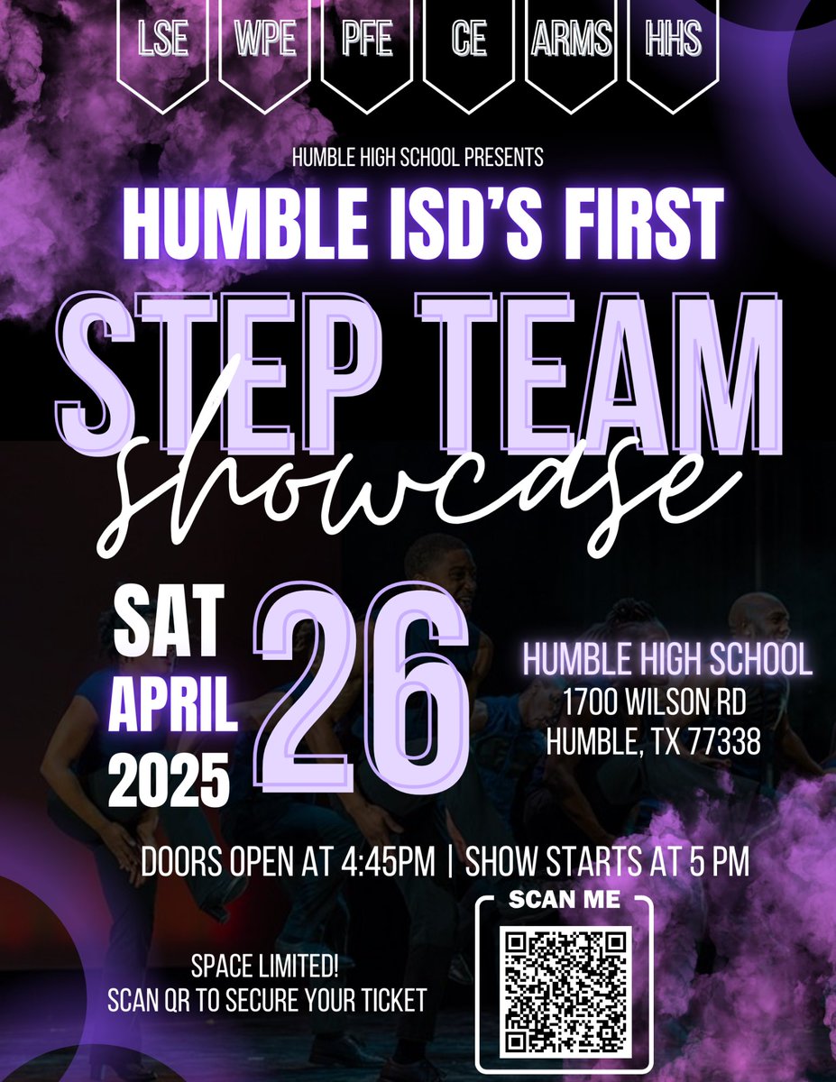 Join us for the first #HumbleISD Step Team Showcase! Performances by teams from <a href="/HumbleISD_LSE/">Lakeshore Elementary</a>, <a href="/HumbleISD_WPE/">Whispering Pines</a>, <a href="/HumbleISD_PFE/">Pine Forest Elem</a>, <a href="/HumbleISD_CE/">Centennial Elementary</a>, <a href="/HumbleISD_ARMS/">Autumn Ridge Middle School</a> and <a href="/HumbleISD_HHS/">Humble High School</a>!
🗓️ Saturday, April 26
🕔 Doors open 4:45 p.m. | Performances start 5 p.m.
📍  Humble High School
🎟️
